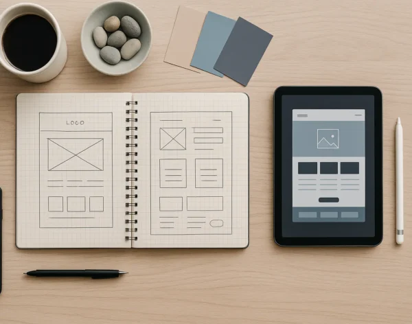 High-resolution modern workspace with creative web design elements, representing Pebble Press Design’s bespoke WordPress website design services in East Devon