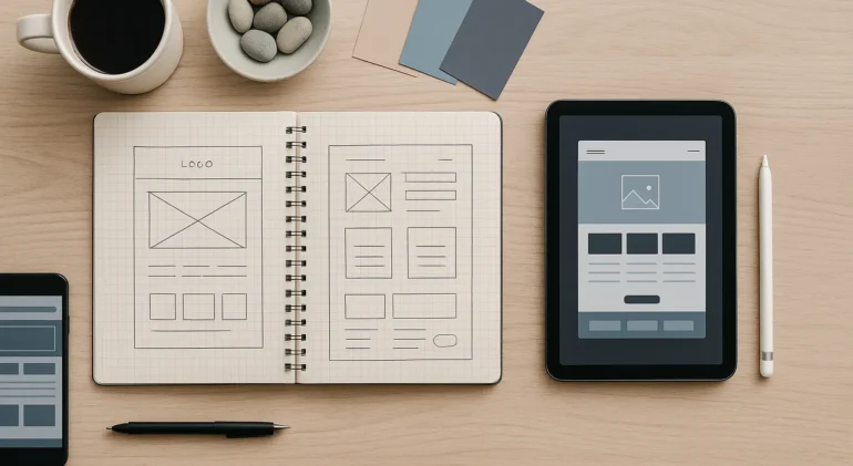 High-resolution modern workspace with creative web design elements, representing Pebble Press Design’s bespoke WordPress website design services in East Devon