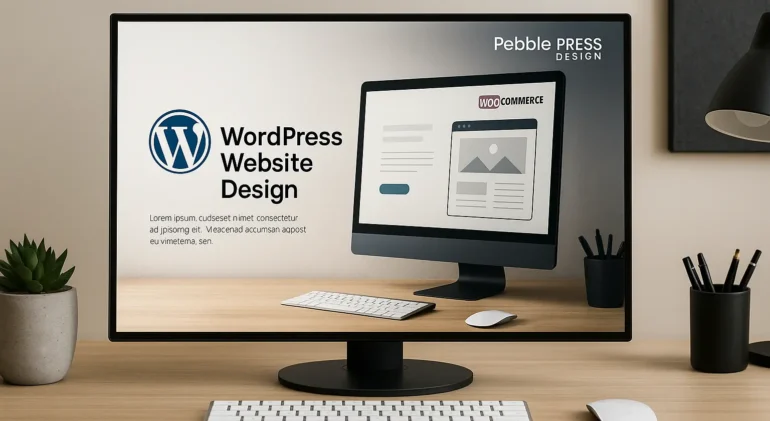 Modern workspace with computer displaying a WordPress website design, representing Pebble Press Design in East Devon