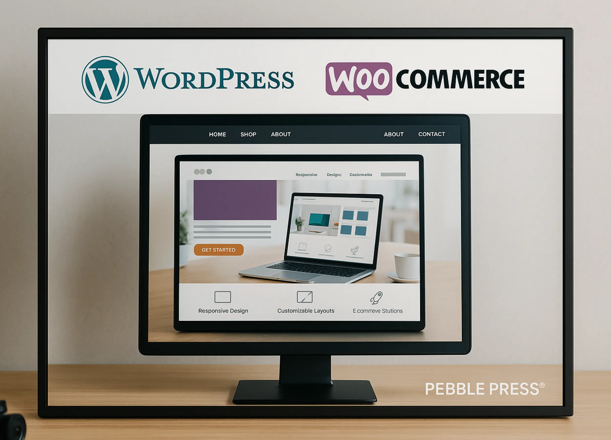 Realistic office desk with a computer monitor displaying a modern WordPress and WooCommerce web design, representing Pebble Press Design in East Devon