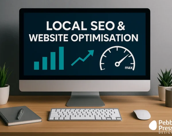 High-resolution digital composite showing website analytics dashboard and performance graphs, representing Pebble Press Design’s local SEO and optimisation services in East Devon"