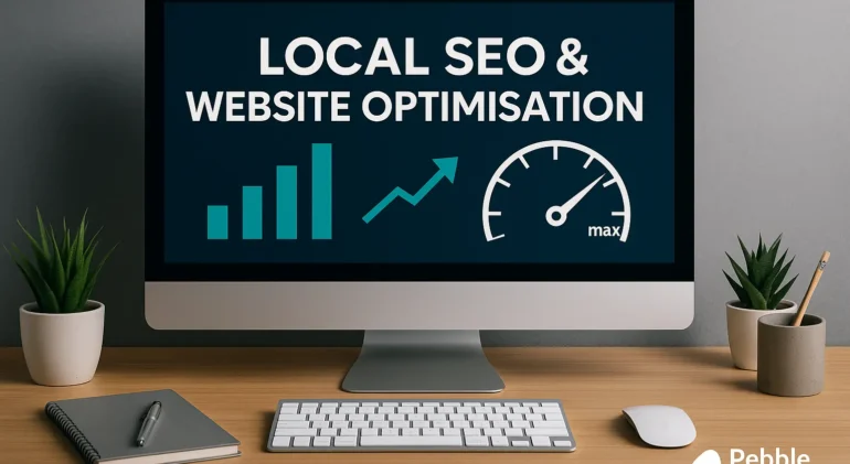 High-resolution digital composite showing website analytics dashboard and performance graphs, representing Pebble Press Design’s local SEO and optimisation services in East Devon"